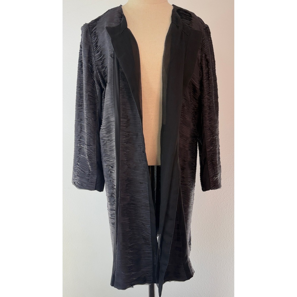 Eileen Fisher 100% Silk Black Pleat Crinkled Cardigan Duster Coat Lagenlook Chic